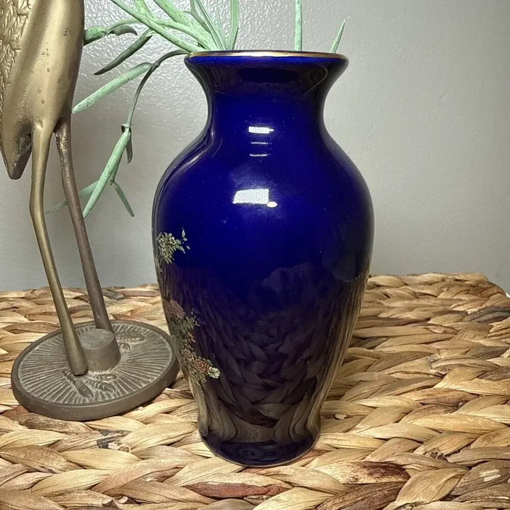 Vtg Asahi Japan Cobalt Blue Floral Bird Vase Gold Trim Chinoiserie 6